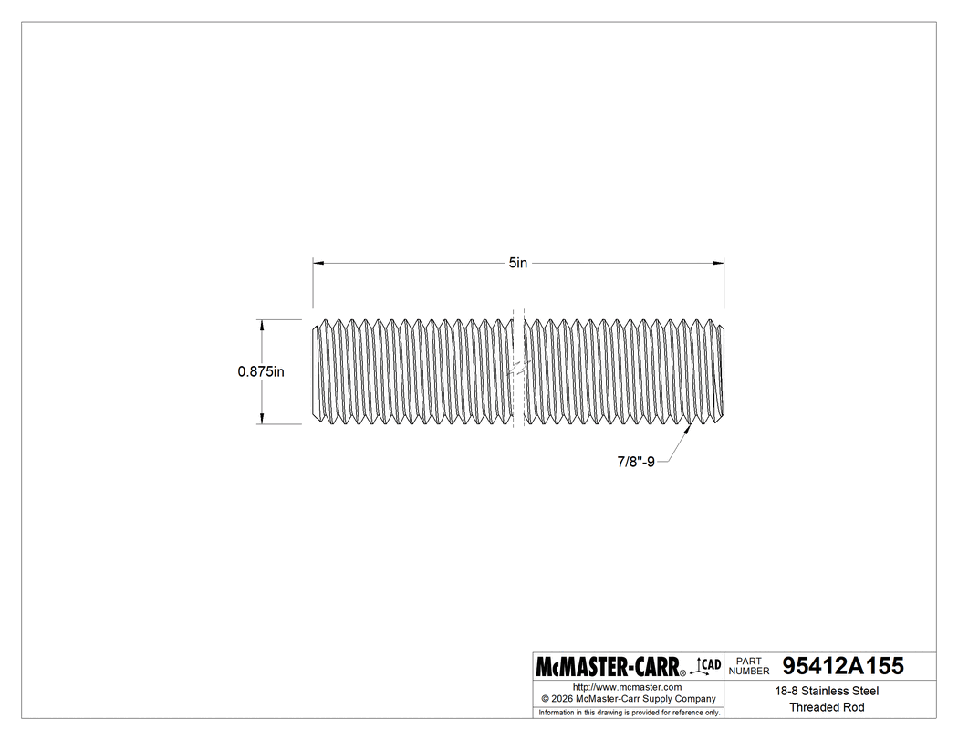 Technical Drawing of 18-8 Stainless Steel Threaded Rod, 7/8"-9 Thread Size, 5" Long.